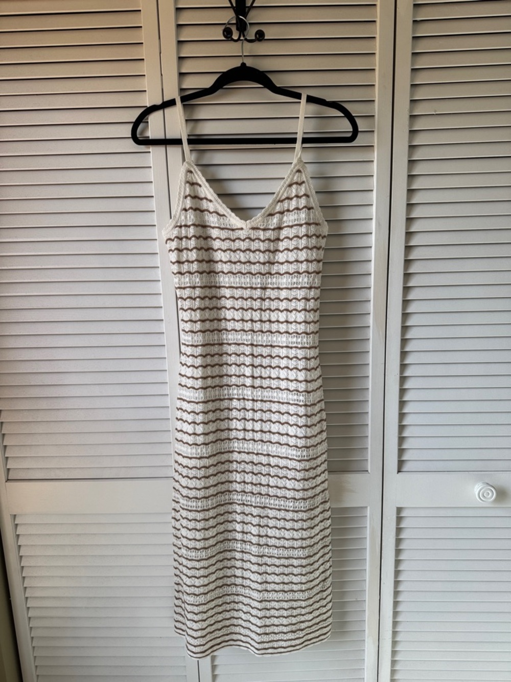 Cream and Tan Striped Crochet Midi Dress with Spaghetti Straps
